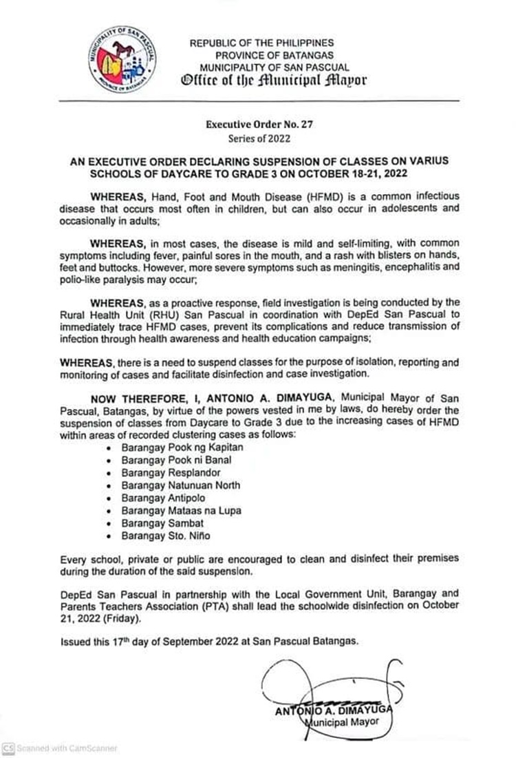 Batangas Town Mayor Declares Class Suspensions From October 18-21, 2022