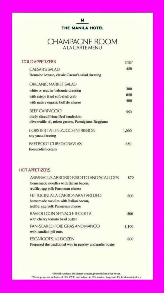 Champagne Room Menu
