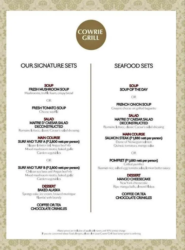 Cowrie Grill menu and contact number for reservations
