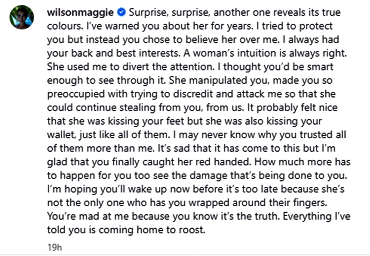 Maggie Wilson 'Told You So' Post About Person Stealing From Victor Consunji