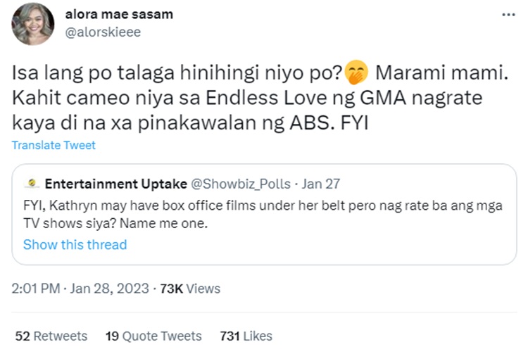 kathryn bernardo alora sasam tweet
