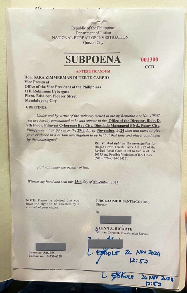 Sara Duterte Faced With Subpoena Issued By NBI Over Threat Against ...