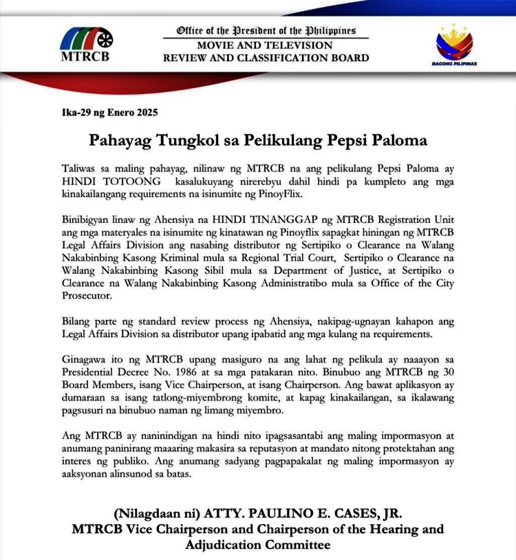 mtrcb statement pepsi paloma movie
