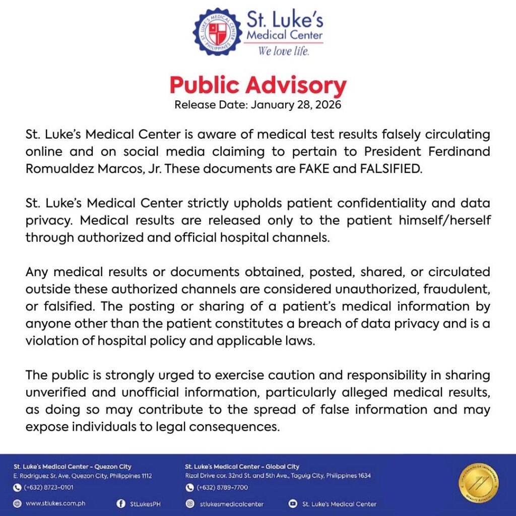 St. Luke's Medical Center Statement on Marcos Jr.