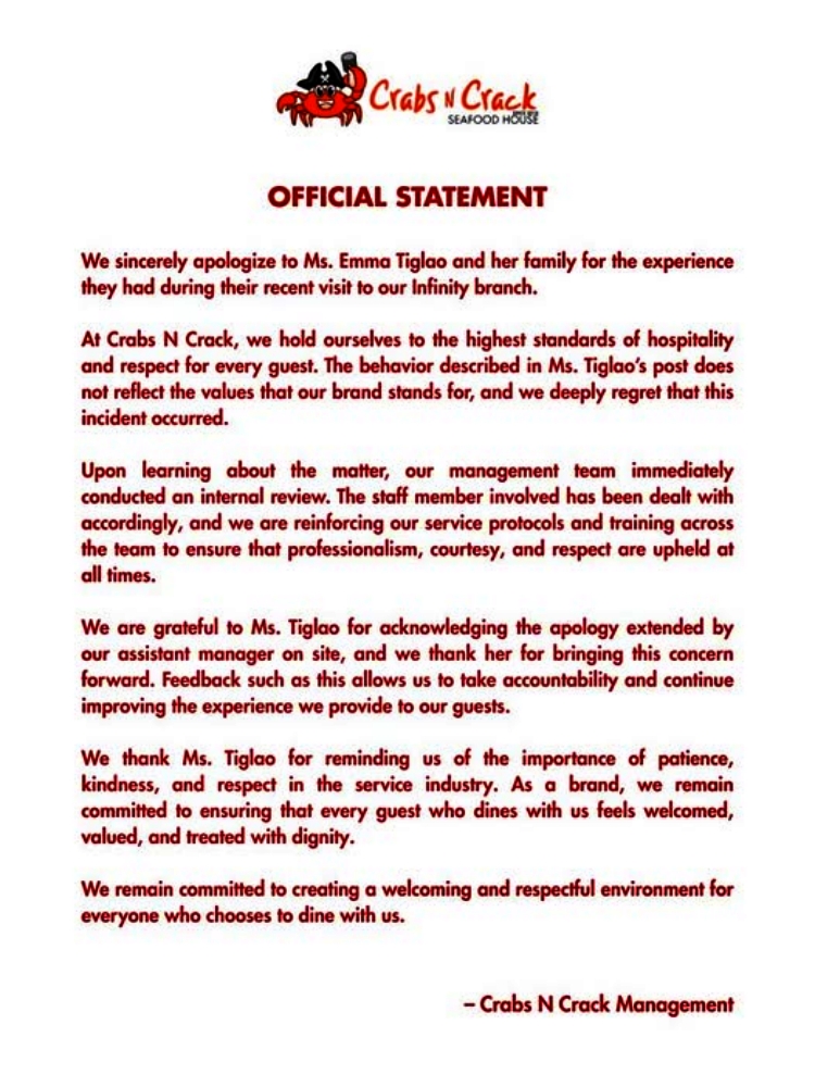 emma tiglao restaurant statement